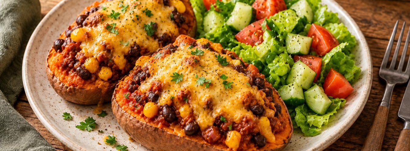 Smoky Bean & Cheese Sweet Potatoes