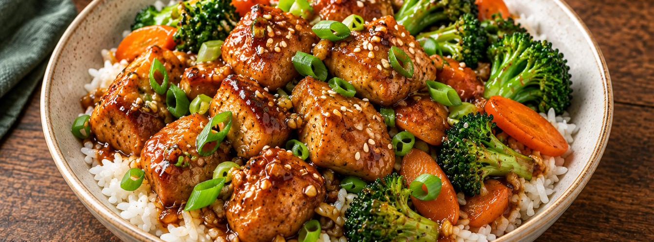 Sticky Honey Garlic Chicken Rice Bowls